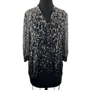 JOIE Sheer Black White Print Self Tie V-Neck 3/4 Sleeve Silk Blouse Top Size S